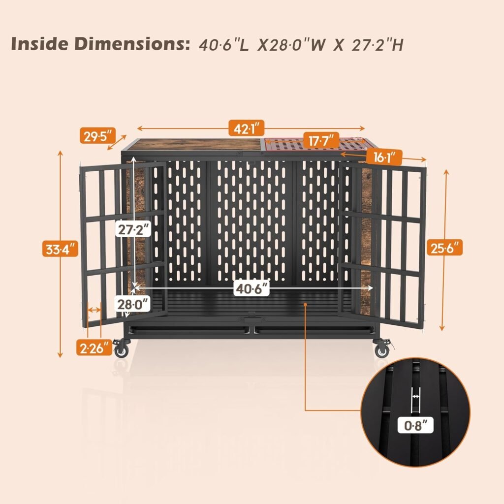 Huddycove 42inch Heavy Duty Dog Crate, Escape Proof Large Medium Kennel for High Anxiety Dogs, Indestructible Pet Cage Indoor, Rustic Brown